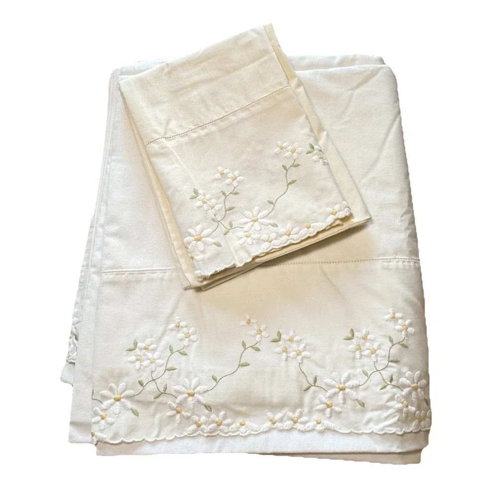 VTG Wamsutta Supercale Plus Ivory Full Flat Sheet & Pillowcase‎ Daisy Embroidery